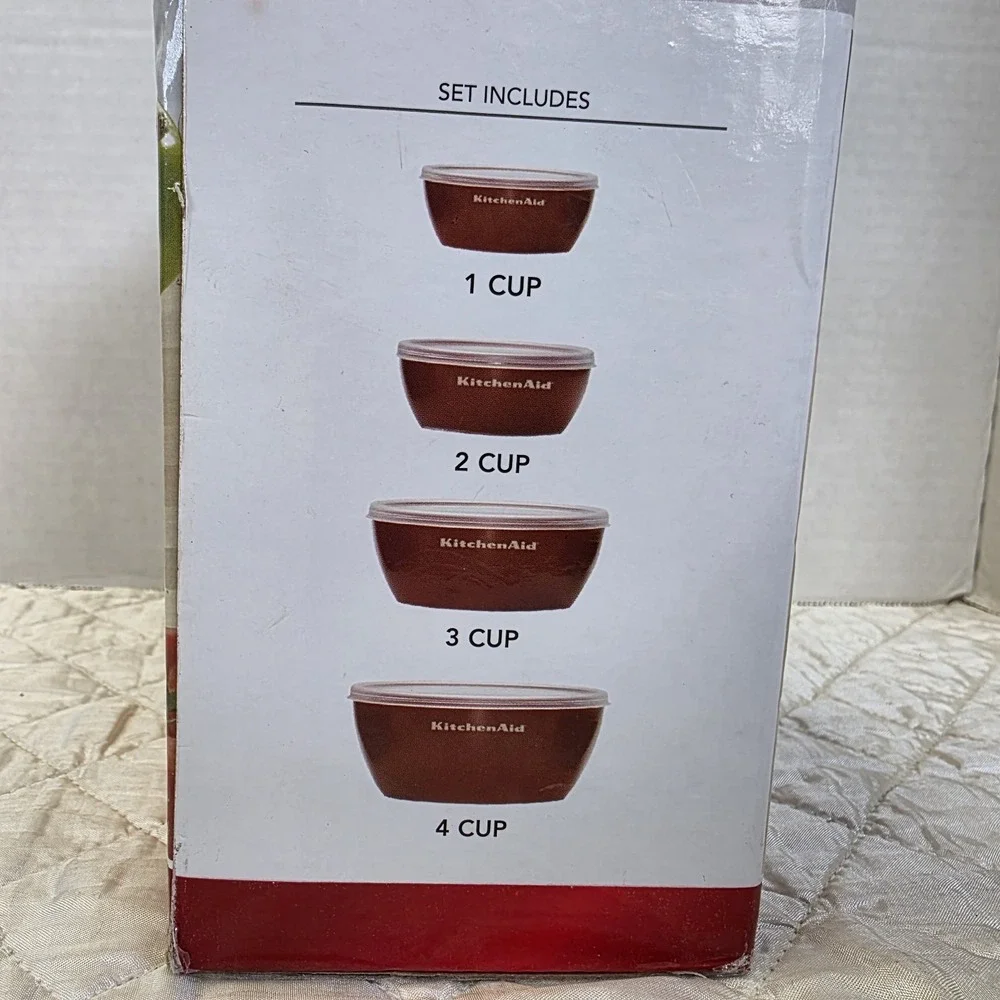 New KitchenAid Empire Red Set of 4 Measuring Prep Bowls 1, 2, 3, & 4 Cup w/ Lids